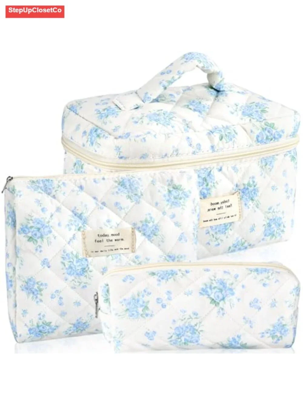 Quilted Cotton Makeup Bag Set of 3 Cosmetic Organizer Travel Toiletry Pouch